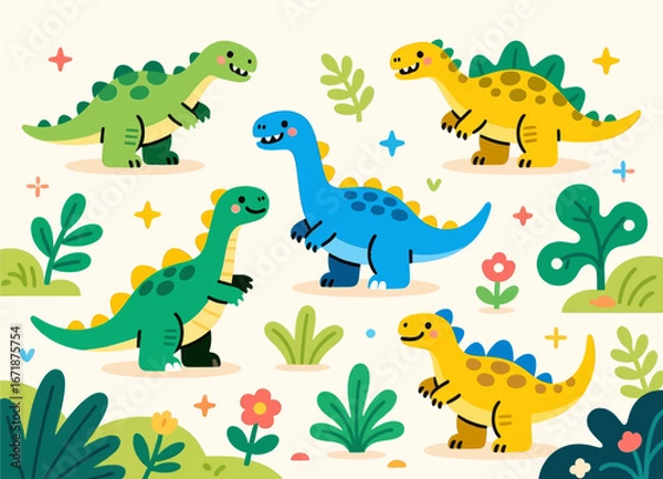 Fototapeta Playful Dinosaurs in Lush Jungle, Vibrant Colors, Joyful Mood