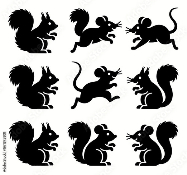 Fototapeta Playful Squirrels and Mice Silhouettes in Black and White