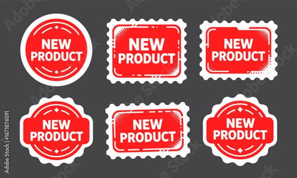Fototapeta Red "New Product" Labels in Various Shapes on Dark Background