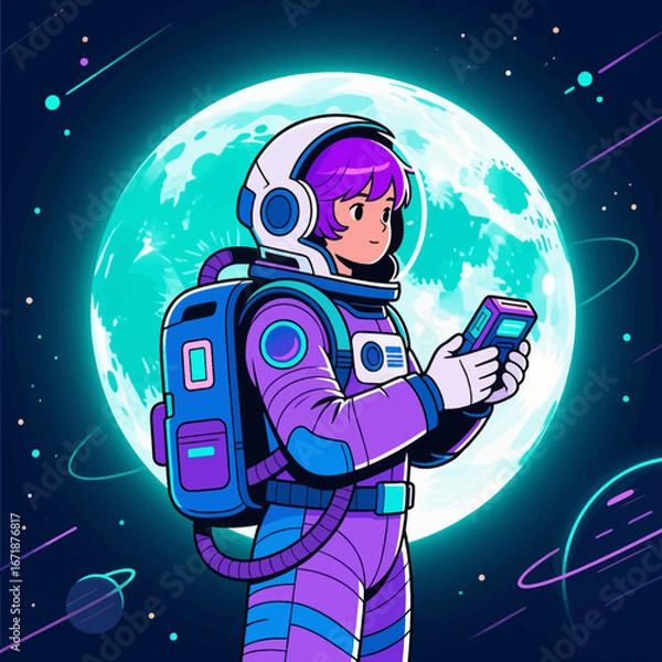 Fototapeta Space-Astronaut Girl Exploring Galaxy with Purple Tech