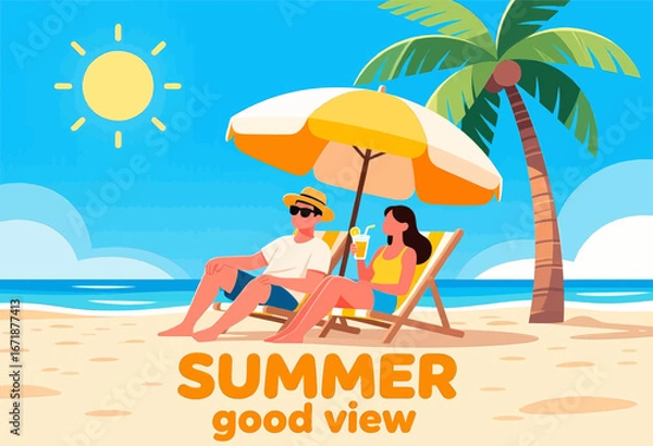 Fototapeta Summer Beach Relaxation: Couple under Palm Tree with Drinks