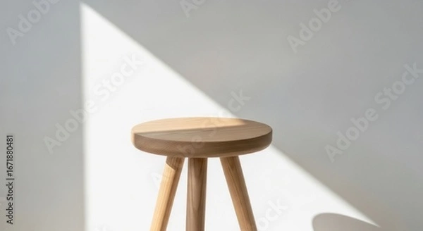 Fototapeta Simple round wooden stool standing in a beam of bright natural sunlight creating a strong shadow on a white wall.