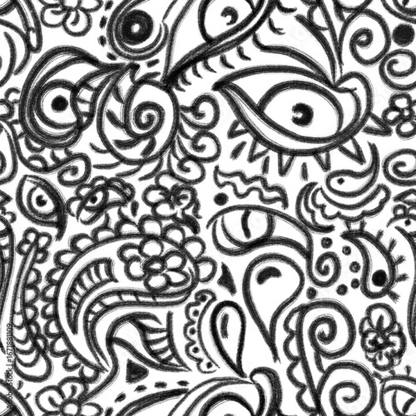 Fototapeta Seamless illustration pattern of abstract brush strokes. Dry brush of evil eyes and abstract elements. Black stroke on white background. Hand-drawn pattern.
