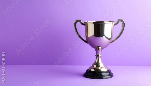 Fototapeta A gleaming metallic trophy with twin handles stands against a solid purple backdrop, its reflective surface and black base evoking triumph, recognition, and the quiet weight of achievement.
