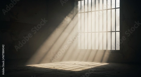Fototapeta Foggy Room with Light Streaming Through Rusty Window Bars – Mysterious Atmosphere of Isolation and Time’s Passage