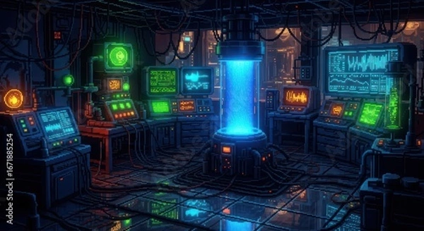 Fototapeta A digital rendering of a futuristic control room with complex machinery and screens display