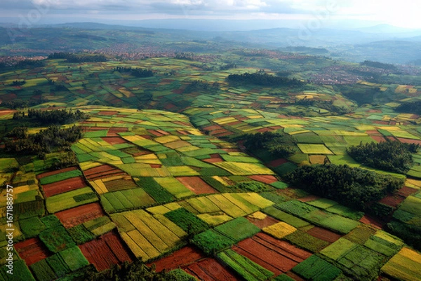Obraz breathtaking aerial view captures intricate patterns of agricultural systems in africa highlighting unique farming