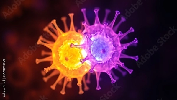 Fototapeta Bioluminescent dual-colored cellular structure pulsating rhythmically, revealing microscopic life energy.