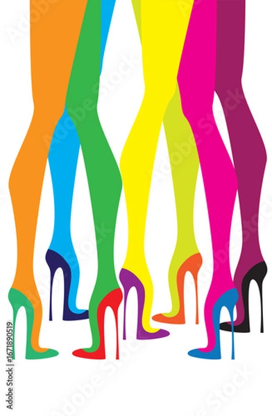 Fototapeta Colorful girls legs wearing high heels on white background. Vector illustration.