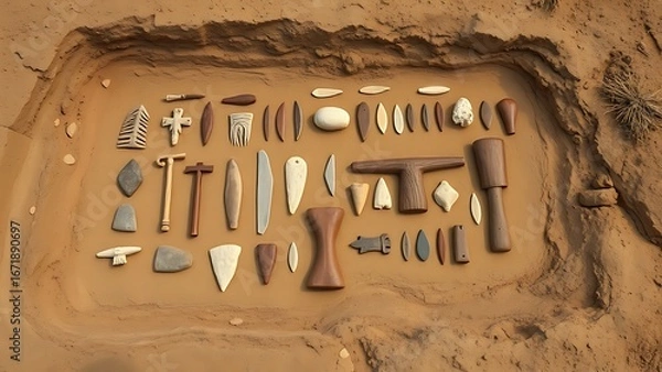 Fototapeta Neolithic tools arranged in geometric patterns on excavated earth layers.