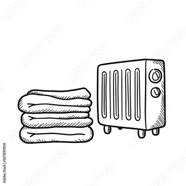 Fototapeta Folded laundry near heater in simple black and white sketch style  