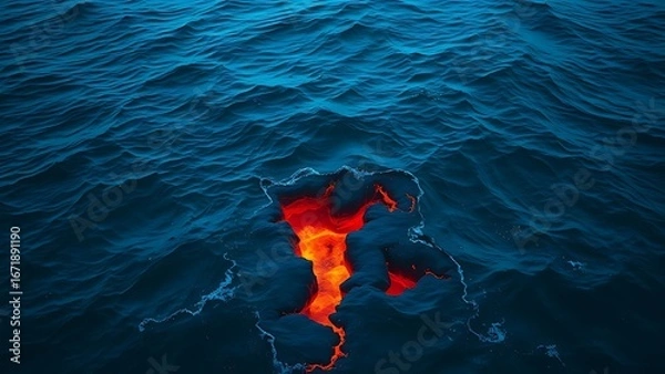 Fototapeta Deep blue ocean waves with glowing cracks beneath the surface, hinting at volcanic activity.