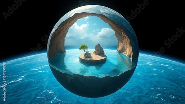 Fototapeta A cutaway Earth core reveals an azure ocean with floating islands, defying natural laws.