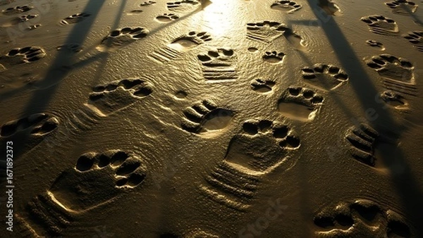 Fototapeta Ancient dinosaur footprints emerging from receding floodwaters like ghostly impressions of the past.