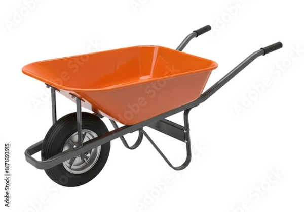 Fototapeta Orange wheelbarrow with black handles and single wheel on transparent background