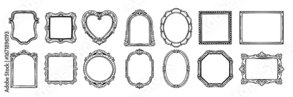 Fototapeta Doodle picture frame, hand drawn line vintage border, classic gallery empty decor vector baroque art. Ornamental decoration design elements, round, heart, oval shapes, swirl arch. Picture frame icon