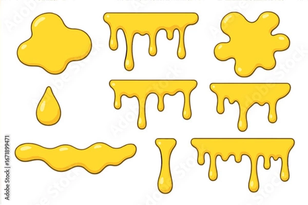 Obraz Honey drip vector set. Golden syrup, melted cheese sauce, or oil liquid shapes. Cartoon flowing paint drops, splashes and puddles. Yellow sweet food slime illustration.