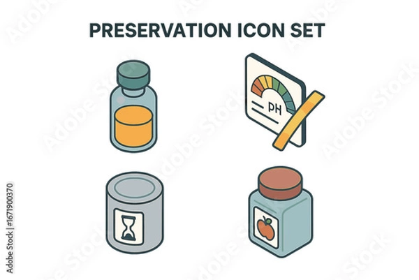 Obraz Preservation isometric icon set. Concepts for shelf life, food science, chemical preservatives, ph testing, canned food and long term conservation. Flat vector illustration collection.