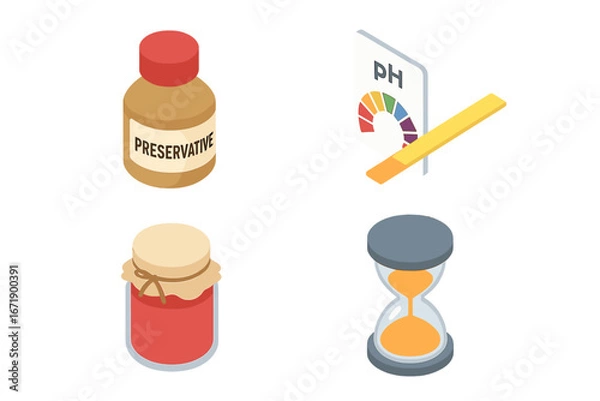 Obraz Preservation isometric icon set. Food canning and shelf life concept with icons. Preservative additive bottle, pH test strips, jam jar, hourglass. Food science vector illustration.