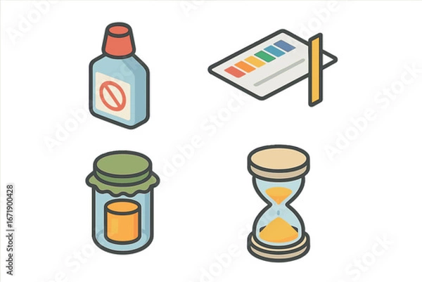 Obraz Preservation and shelf life icon set. Isometric flat design vectors. Concept with preservative bottle, pH test strip, canned food jar, and hourglass for expiration date.