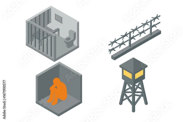 Obraz Prison isometric icon set. Political repression, jail and punishment concept. Vector icons of a prison cell, barbed wire, solitary confinement and a guard watchtower illustration.