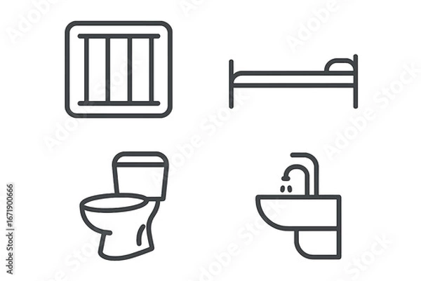 Obraz Prison conditions outline icon set. Jail cell furniture and sanitary equipment. Barred window, bed, toilet, sink symbols. Concept for punishment, justice system, human rights.