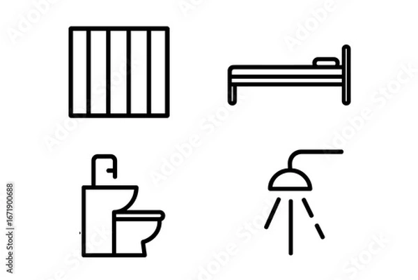 Obraz Prison conditions icon set. Jail cell elements. Vector line art symbols of barred window, bed, toilet, shower. Concept of inmate life, incarceration, justice system, punishment.