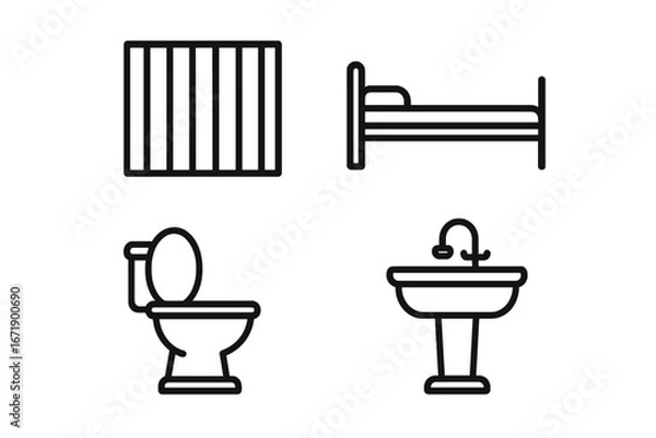 Obraz Prison cell conditions outline icon set. Vector icons of a barred window, bed, toilet, and sink. Concepts for jail, justice, law, punishment, confinement, and human rights.