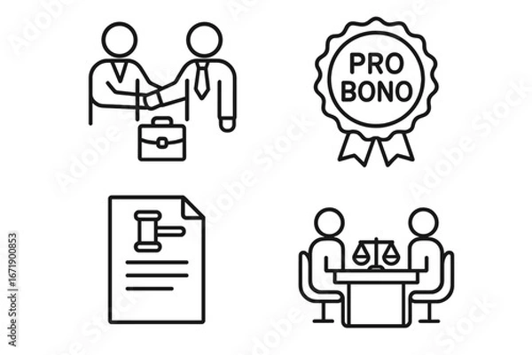Obraz Pro bono legal services outline icon set. Vector symbols for free law advice, charity work, and attorney consultation. Includes handshake, justice scales, and legal document.