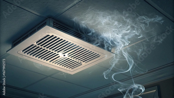 Obraz Smoke Emitting from Ceiling Vent; Dramatic, Dark, HVAC Failure Image