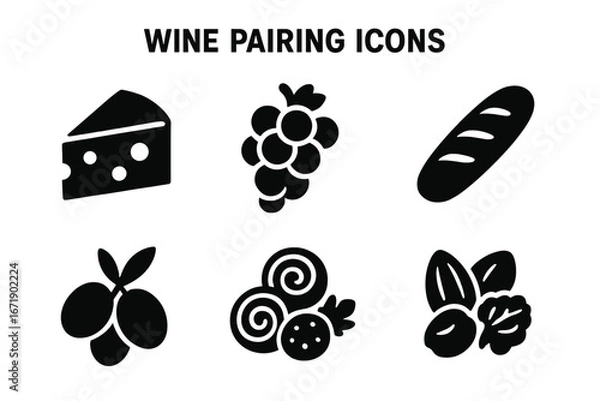 Obraz Wine pairing icons set with solid filled style, featuring cheese wedge, grapes, baguette, olives, charcuterie, nuts, elegant food and wine vector illustration on transparent background