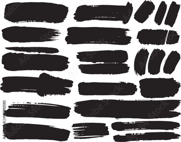 Fototapeta Brush set. Vector black paint brush spots, highlighter lines or felt-tip pen marker. Ink smudge abstract shape stains and smear set with texture 