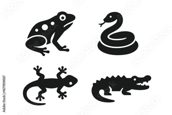 Obraz Rainforest animals icon set. Jungle wildlife vector silhouettes. Frog, snake, lizard and alligator glyphs. Reptile and amphibian symbols for nature and zoo design concepts.