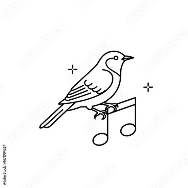 Fototapeta Line art illustration of a bird singing on a musical note isolated on transparent background