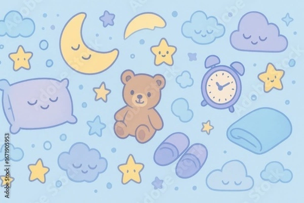 Obraz Seamless bedtime cartoon pattern for kids with moons, stars, teddy bears, and cozy pillows in dreamy pastel colors. Generative AI