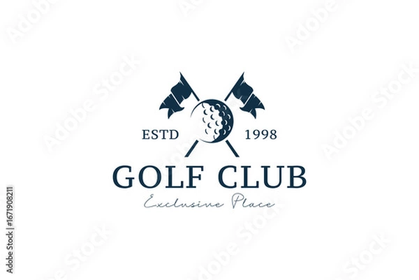 Obraz Retro vintage golf, professional golf ball logo template design, golf championship, badge or icon with crossed golf clubs and ball on tee. symbol, icon