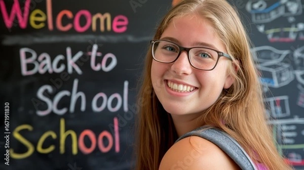 Fototapeta Smiling female student with glasses and a backpack in a bright classroom, beside a colorful welcome chalkboard, projecting optimism, perfect for back‑to‑school marketing and education ads.