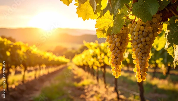 Fototapeta Serene bunch of ripe white grape hanging on vine in beautiful vineyard. golden sun sets over scenic valley, highlighting rows of plants and lush leaves