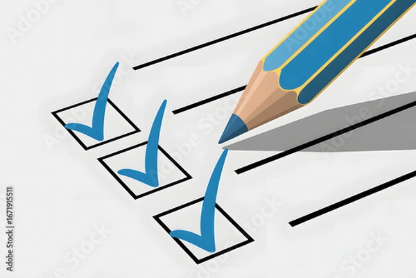 Fototapeta Close-up of a blue pencil marking checkmarks on a checklist emphasizing completion and tasks.