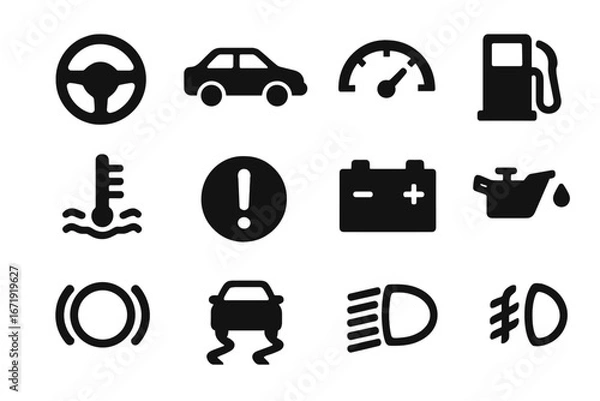 Fototapeta Car dashboard warning light icon set. Automotive vehicle instrument panel symbols. Flat silhouette vector glyphs for indicators like battery, oil, engine temperature, and gas.