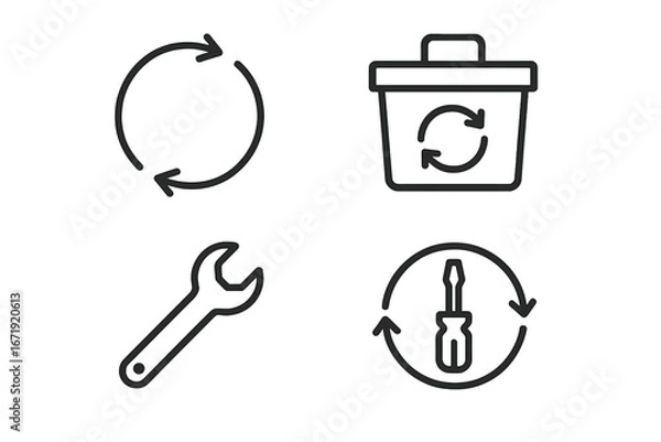 Fototapeta Circular economy icons. Outline icon set of concepts like loop arrows for recycling, take-back box, repair wrench, and refurbish screwdriver. Sustainable vector graphics.