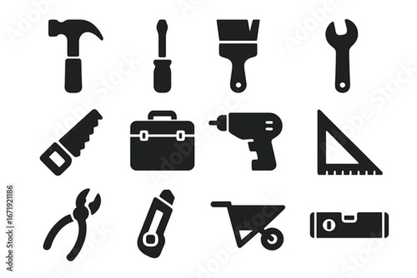 Fototapeta Construction tools solid glyph icon set. Home improvement, repair and DIY equipment symbols. Vector silhouette collection of hardware, carpentry and building instruments.