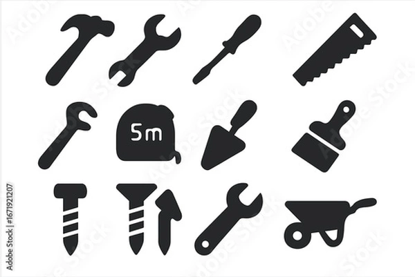 Fototapeta Construction tools icon set. Solid glyph symbols for building, home improvement, and repair. Vector silhouettes of hammer, wrench, saw, and workshop equipment. DIY concept.