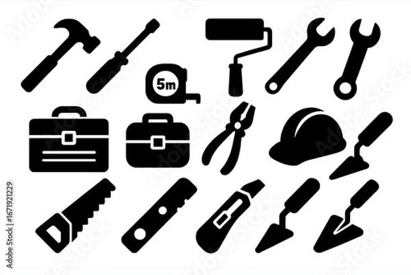 Fototapeta Construction tools solid icons set. Filled glyph symbols collection of repair and DIY equipment. Vector illustration of hardware for carpentry, building, and renovation.