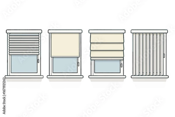 Obraz Different Styles of Window Blinds in Modern Interior Design, Vector Cartoon Illustration, Clean Transparent Background, Vertical, Horizontal, Roman, Roller Shades, Home Decor