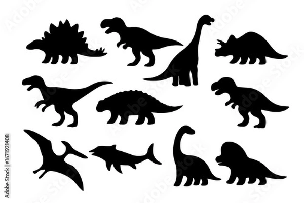 Obraz Dinosaur silhouette icon set, prehistoric fossil extinct creatures, dinosaur vector cartoon illustration collection with transparent background, ordered dinosaur set 3