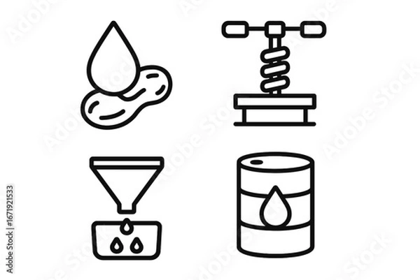 Obraz Peanut oil production outline icon set. Earthnut oil extraction and manufacturing process icons. Includes press, filter, storage barrel. Vector line art illustration for infographics.
