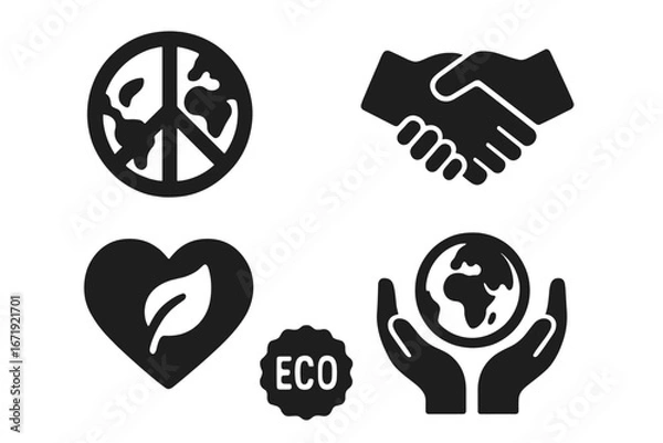 Fototapeta Ecology and peace vector icon set. Solid glyph symbols for environmental conservation. Earth Day concepts: peace sign globe, handshake, heart leaf, hands holding planet, eco badge.