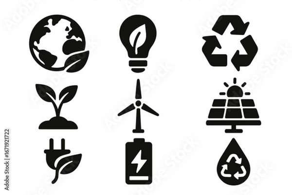 Fototapeta Eco and energy silhouette icons set. Sustainability and renewable resources symbols. Vector collection of green power, solar panel, wind turbine, recycle, and nature pictograms.