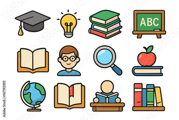 Fototapeta Vector education icon set. School, study, and learning symbols. Cartoon illustrations of books, library, knowledge, graduation cap, globe, and student for back to school.